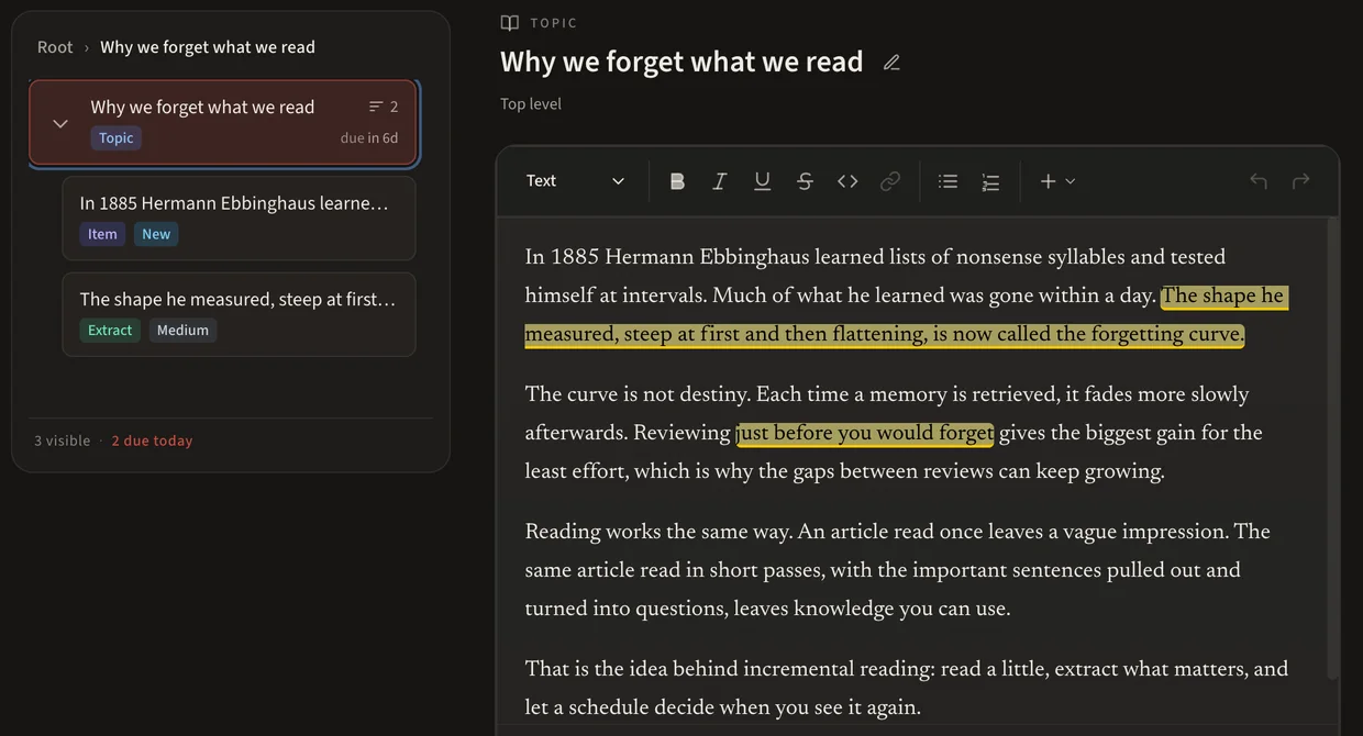 Kioku's Browse page: the article as a Topic in a tree, with its cloze Item and its Extract nested underneath, and the article open in the editor.