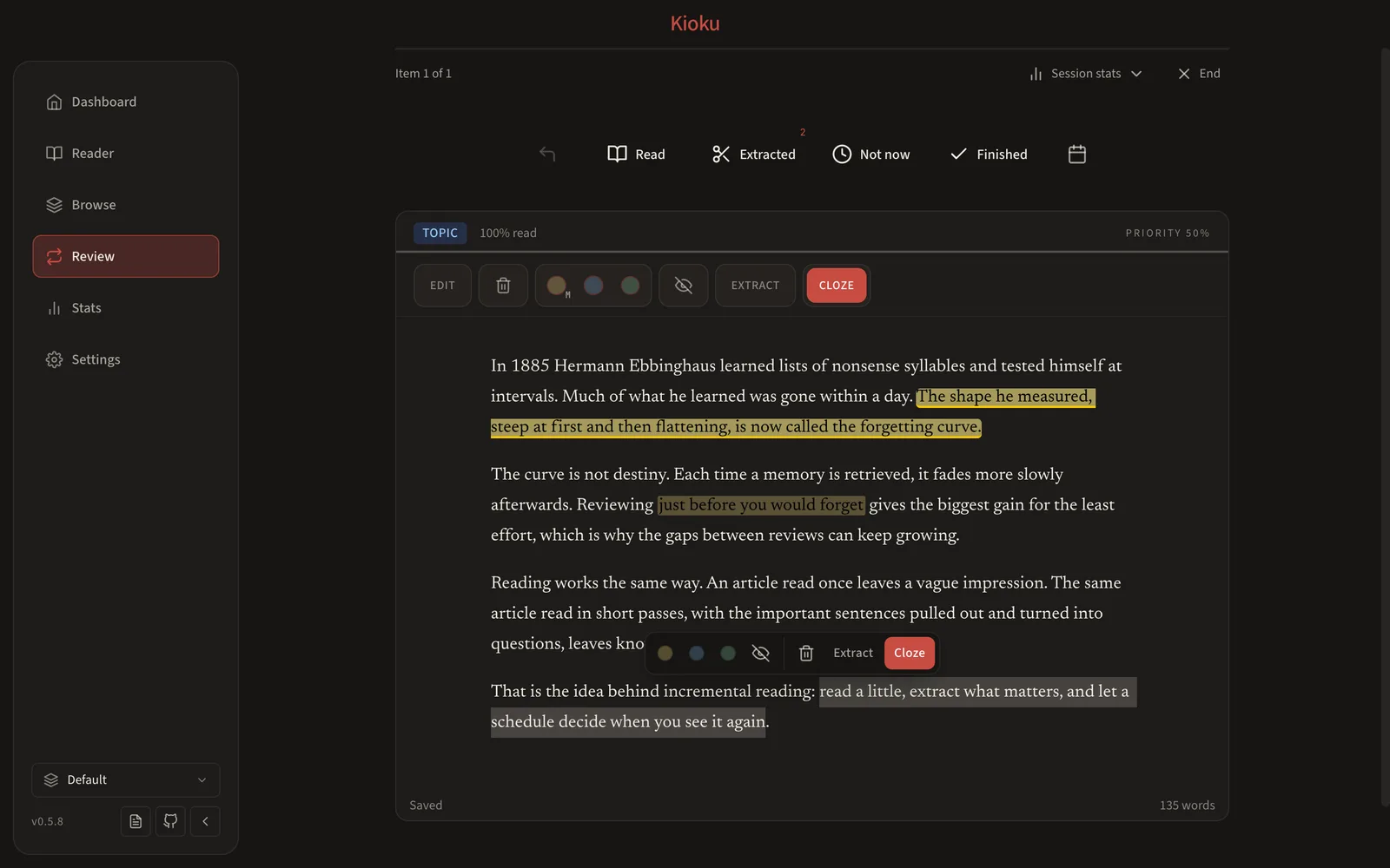 Kioku's Review page with an article about the forgetting curve: one sentence highlighted as an Extract, a phrase marked for a cloze card, and a menu over a selected sentence offering Extract and Cloze.