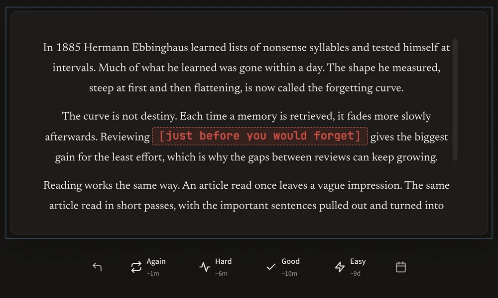 A cloze card in Kioku's Review: the hidden phrase revealed, with the rating bar below showing when each answer brings it back, from about a minute for Again to more than a week for Easy.